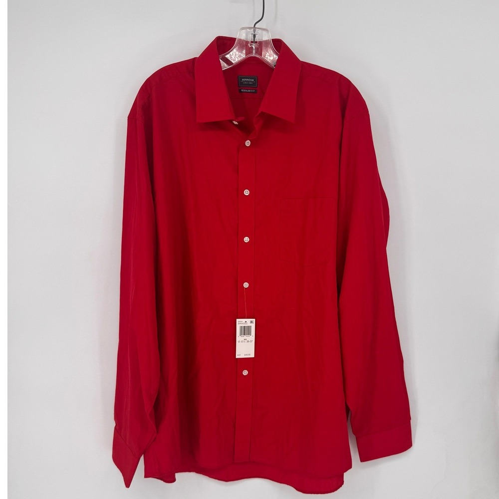 Arrow Dress Shirt Men 17-17.5 36-37 Red New Regular Fit Wrinkle-Free Long Sleeve
